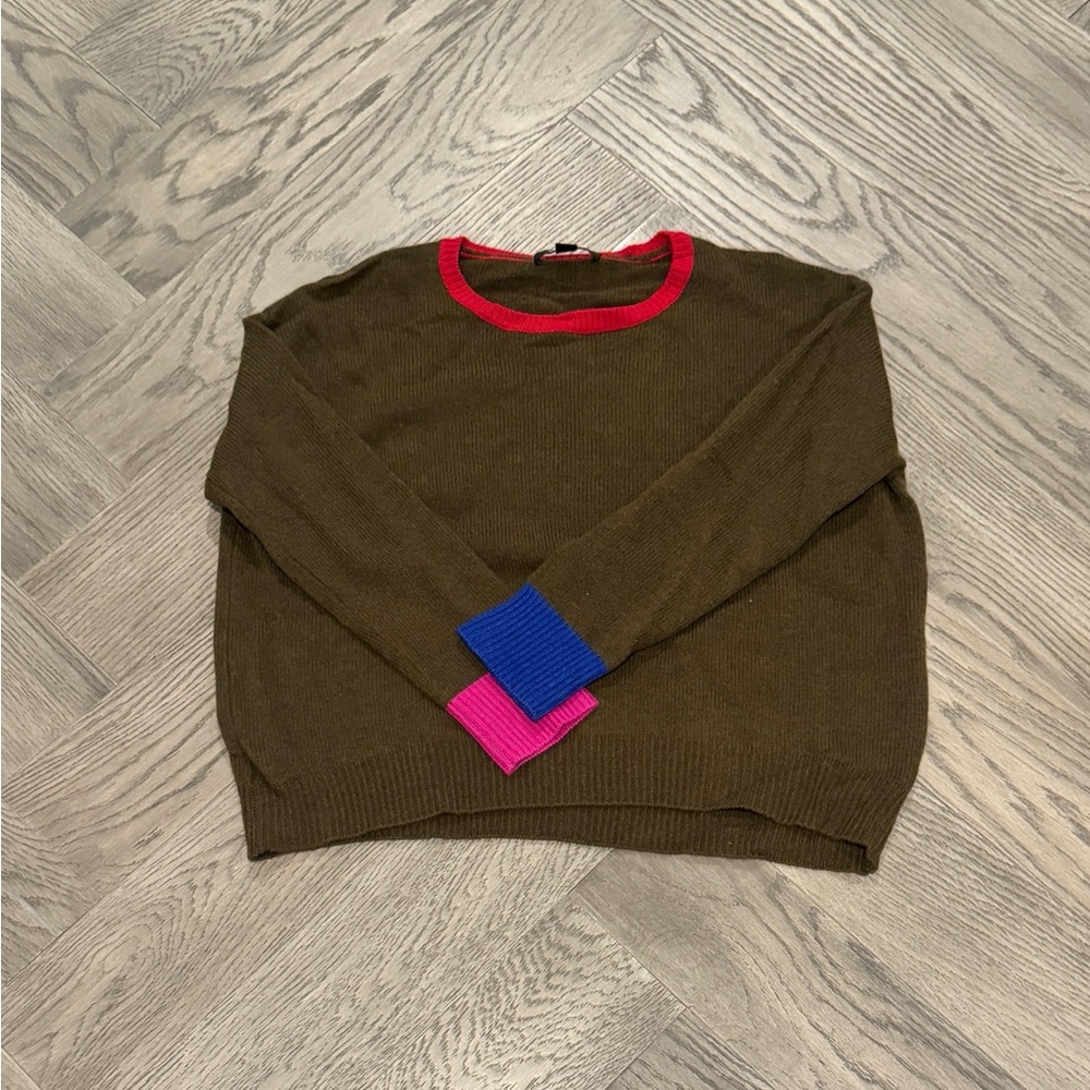 Acrobat Army Green Sweater with Red and Blue Accents on Collar & Cuffs, Size XS.